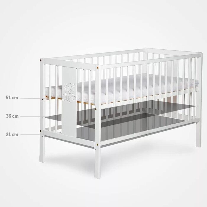 Дитяче ліжко KMbaby TANY White 120x60 см з матрацом - регульоване по висоті ліжечко з соснової деревини