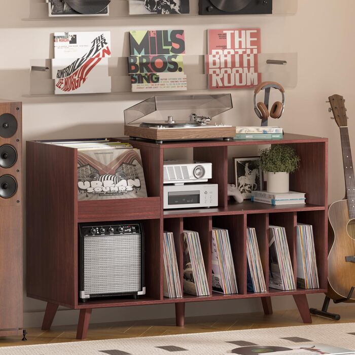 Стійка для платівок з полицею для зберігання, підставка для програвача, органайзер для вінілових платівок на 450 альбомів, полиця для музичної кімнати та вітальні (горіх)