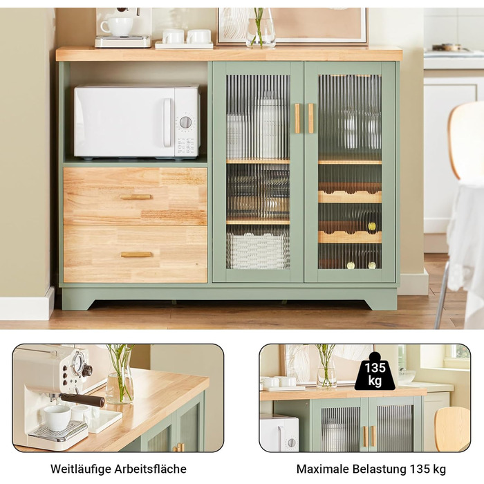 Буфет-комод SoBuy з скляними дверцятами, шухлядами та робочою поверхнею 120 см, нішею для мікрохвильової печі та полицею для вина. Кухняні меблі для вітальні та їдальні. Колір: зелений, розмір: 120x90x40 см