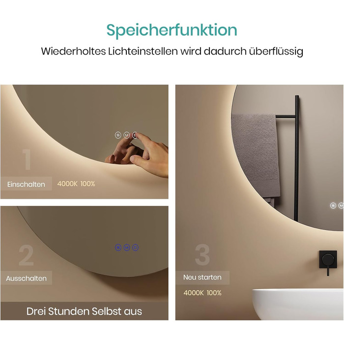 Дзеркало для ванної кімнати EMKE з підсвічуванням, 50 см, кругле, без рами, з регулюванням яскравості, 3 кольори світла, антизапар, сенсорне управління, функція пам'яті, 60x60 см