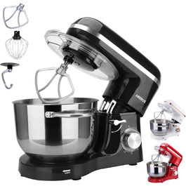 Кухонна машина Arebos 1500W з чашею 6L з нержавіючої сталі, чорна | Змішувач, гак для тіста, вінчик | Кришка від бризок | 6 швидкостей | Кухонний комбайн | Машина для тіста