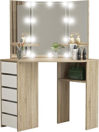 Туалетний столик кутовий ML-Design White-Sonoma, LED, 3 дзеркала, 5 висувних ящиків, 3 відділення, 110х141,5х54см, в т.ч. табурет