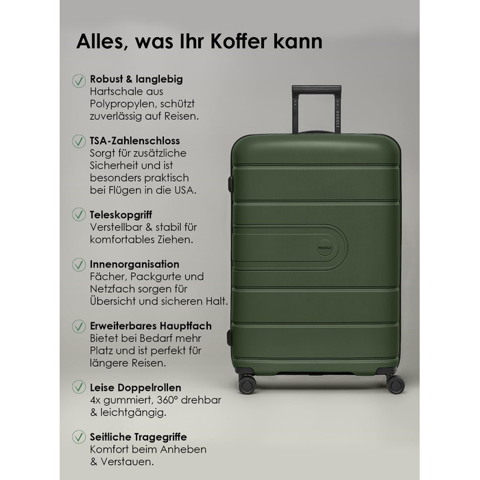 Набір валіз REDOLZ Hartschalen 3-х частинний | Розширювані, з TSA-замком, Olive Kofferset