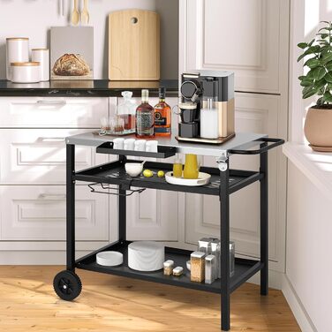 Гриль-візок LEADZM: гриль-стіл для вулиці, 95 x 45 x 83 см, стіл з нержавіючої сталі срібного кольору, на колесах, мобільний, сервісний візок для садів, чорний (97x51x83 см)