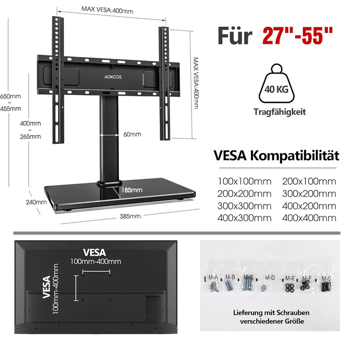 Тумба під телевізор AOKCOS Поворотна Поворотна Висота регулюється для 32-55 дюймів, макс VESA 400x400 мм 40 кг