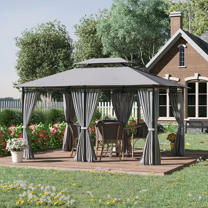 Садова альтанка Outsunny Gazebo 3x4 м з 6 бічними панелями, намет для вечірок, шатро з подвійним дахом, водонепроникний, темно-сірий для саду та заходів