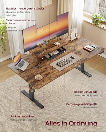 Стол для роботи VASAGLE з регулюванням висоти, 160 x 80 см, з підставкою для монітора, шухлядою та USB-C, нагадування про рух, для офісу, вінтажний коричневий