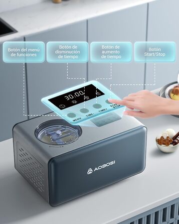 AOBOSI 2L автоматична морозивниця з компресором, 4 режими, LCD-дисплей, довговічна охолоджувальна система, для м'якого морозива та напоїв