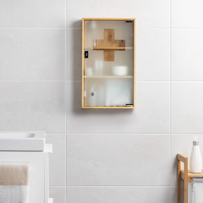 Шафка для ліків Navaris з бамбука та скла, з замком - аптечка першої допомоги, медична шафка з ключем, дитяча безпека