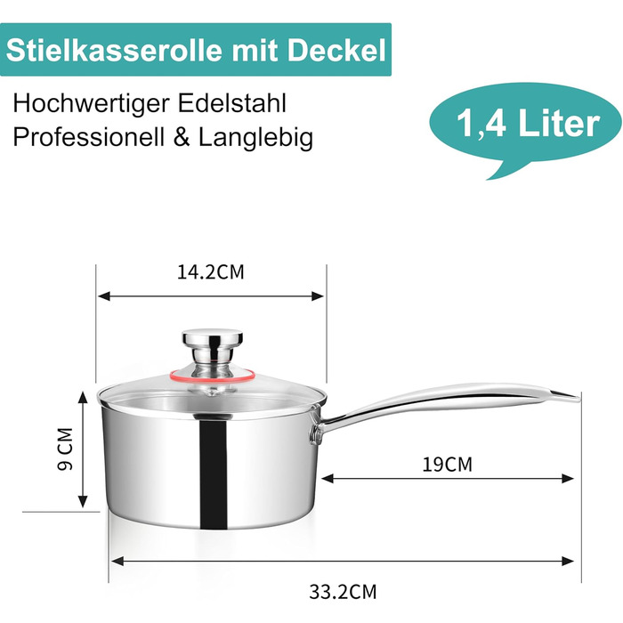 Каструля HaWare 16 см з нержавіючої сталі з кришкою, 1.9 л, для всіх плит, індукція, здорове приготування, не має покриття, для миття в посудомийній машині