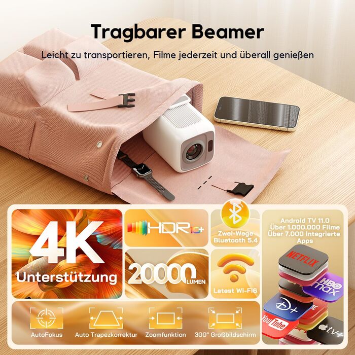 Smart проєктор AKIYO O4 з WiFi 6, Bluetooth 5.4, 4K, HDMI, USB, підтримкою PS5, автофокусом та автотрапецеїдною корекцією