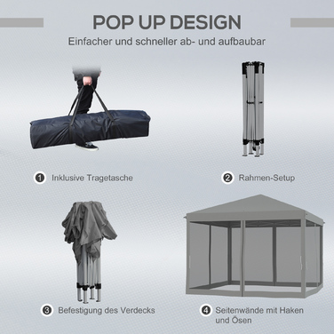 Відокремлена альтанка Альтанка Pop-up Альтанка 3х3м з бічними стінками, в т.ч. сумка для перенесення, металева та Оксфорд, світло-сірий та чорний для саду та заходів