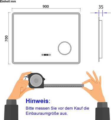 LED дзеркало для ванної кімнати EMKE 90x70 см з підсвічуванням, годинником та захистом від запотівання, IP44