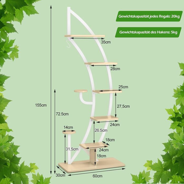 Підставка для рослин COSTWAY Half Moon, 6 ярусів, з полицями та гачками, набір з 2 шт. , місячна біла