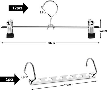 Металевий вішак для брюк, чарівний вішак для пальто, поворотний гачок на 360, регульований затискач, протиковзкий, довжина 30 см, сріблястий, 12 шт.