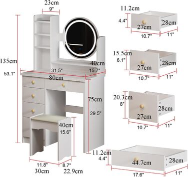 Туалетний столик з LED , 5 ящиків, дзеркало, табурет, білий, 80x40x135 см, спальня 0003