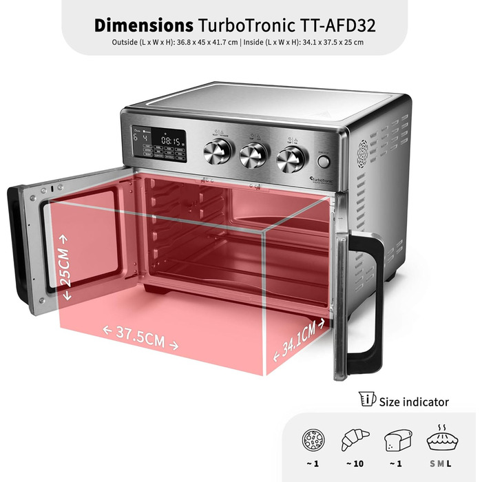 TurboTronic Міні-піч 4-в-1: Конвекційна піч, фритюрниця, дегідратор, гриль. Об'єм 32л, з поворотним шампуром та аксесуарами. Airfryer, піч для піци, міні-стіл (сріблястий)