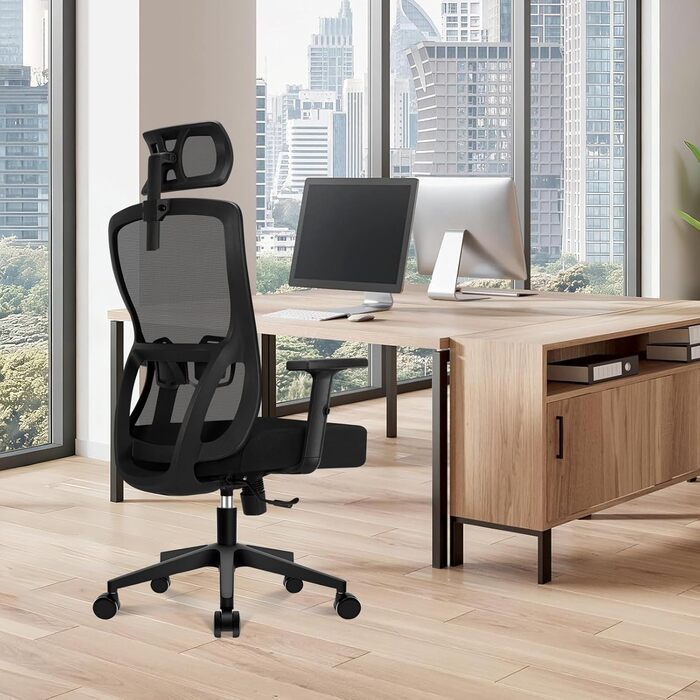 Ергономічне крісло для офісу, регульоване по висоті, поворотне з підтримкою попереку та підголівником, функція відкидання 90°-130°, максимальне навантаження 150 кг, чорний колір, X-Large