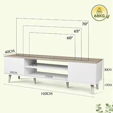 Тумба під телевізор WLIVE 160x40x47 см біла з двома дверцятами та відкритими полицями для вітальні, спальні, їдальні