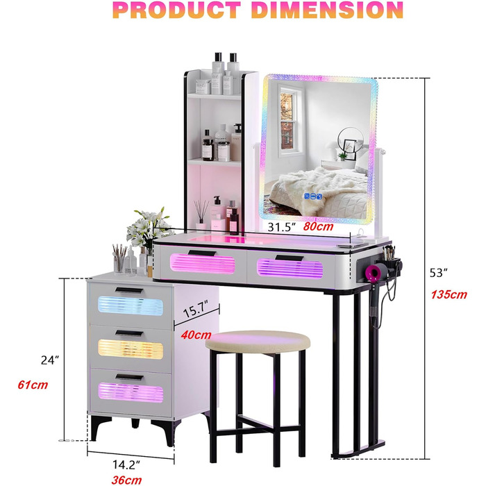 Туалетний столик Gurexl з дзеркалом, RGB LED, табурет, 5 ящиків, підставка для фена, USB-C, білий
