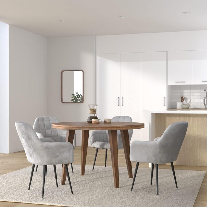 6 стільців для їдальні ECD Germany сірого кольору з підлокітниками та спинкою, м'яке крісло з велюровим покриттям, металеві ніжки, ергономічні стільці для кухні та вітальні