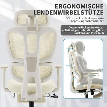 Ергономічне крісло для офісу з підніжкою, висока спинка, 2D-підголівник, відкидні підлокітники, сидіння з губки, сітчастий офісний крісло, крісло для начальника, комп'ютерне крісло для дорослих (кремовий)