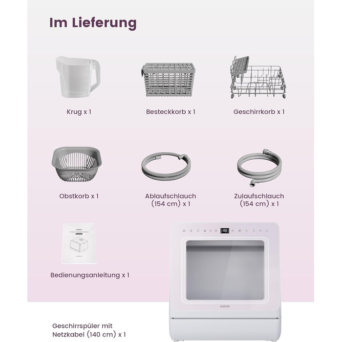 Посудомийна машина HAVA для столу з пом'якшувачем води та підвищеною енергоефективністю, 8 програм миття, блокування від дітей та відкладений старт, не потребує встановлення - ніжний лавандовий колір, TDJR09