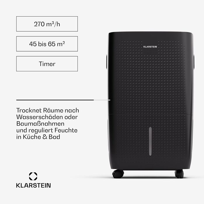 Електричний осушувач Klarstein DryFy Connect 60L з Wi-Fi, 60 л/24 год, таймер, для приміщень 45-65 м², портативний, антрацит