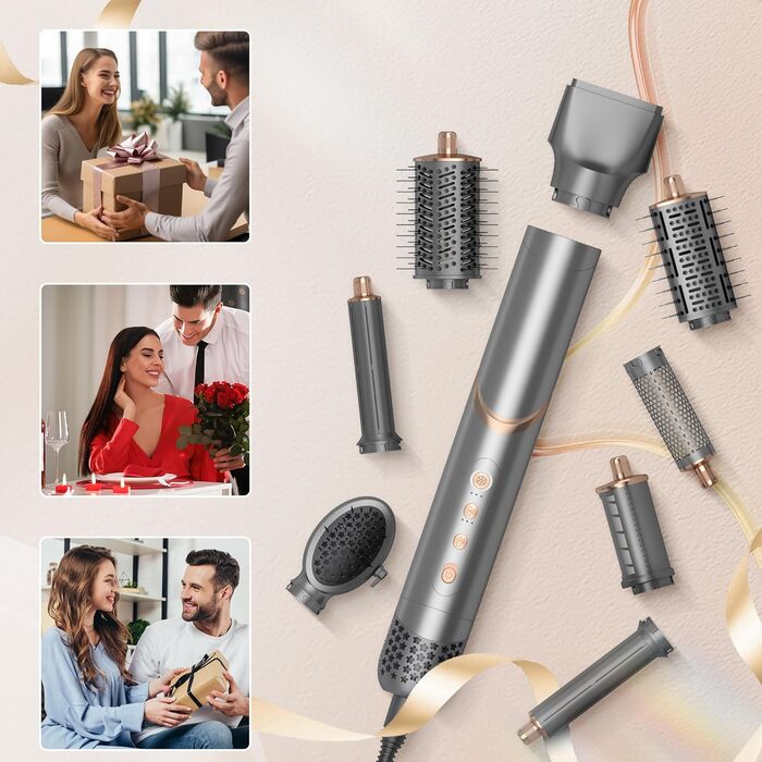 Фен Airstyler 8 в 1 Ion 110 000 об/хв Високошвидкісний фен Набір з щіткою для теплого повітря Пневматична плойка Фен Щітка Кругла щітка Фен Щітка для завивки Щітка для завивки Щітки для укладання волосся Подарунковий набір для жінок, 1400 Вт Сіре золото