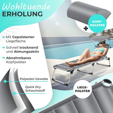 Кесер® Сонячне ліжко Sun з дахом: розкладне ліжко для саду, пляжу та відпочинку. Алюмінієвий каркас, регульована спинка, зручний матрац, сірий колір.