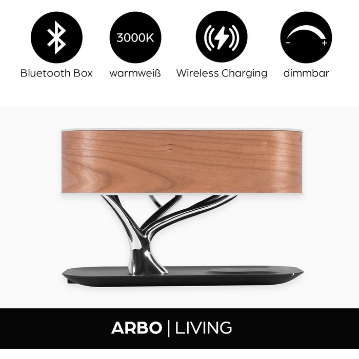 Приліжкова світлодіодна лампа ArBo-Living - Tree of Light - сучасний світильник для спальні та вітальні, настільна лампа з Bluetooth-динаміком, функцією бездротової зарядки, з плавним регулюванням яскравості (дуб Nature)