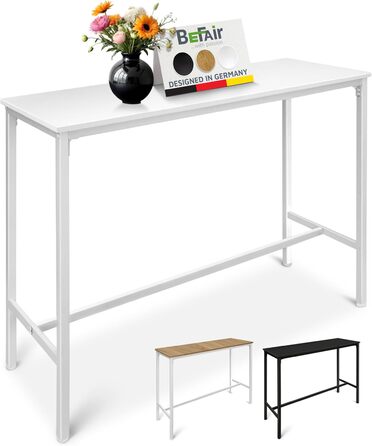 Барний стіл BeFair з дуба та білого кольору, 120x40x100 см, з підніжкою, індустріальний дизайн, металеві ніжки – комфорт та стабільність
