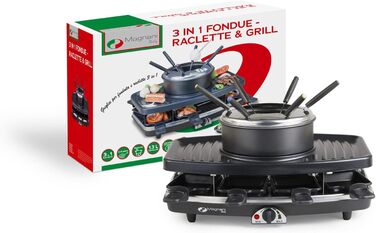 Набір для раклет, фондю та гриль MAGNANI 3 в 1 на 8 осіб з регулюванням температури, виделки та сковорідки, 1100W, антипригарне покриття