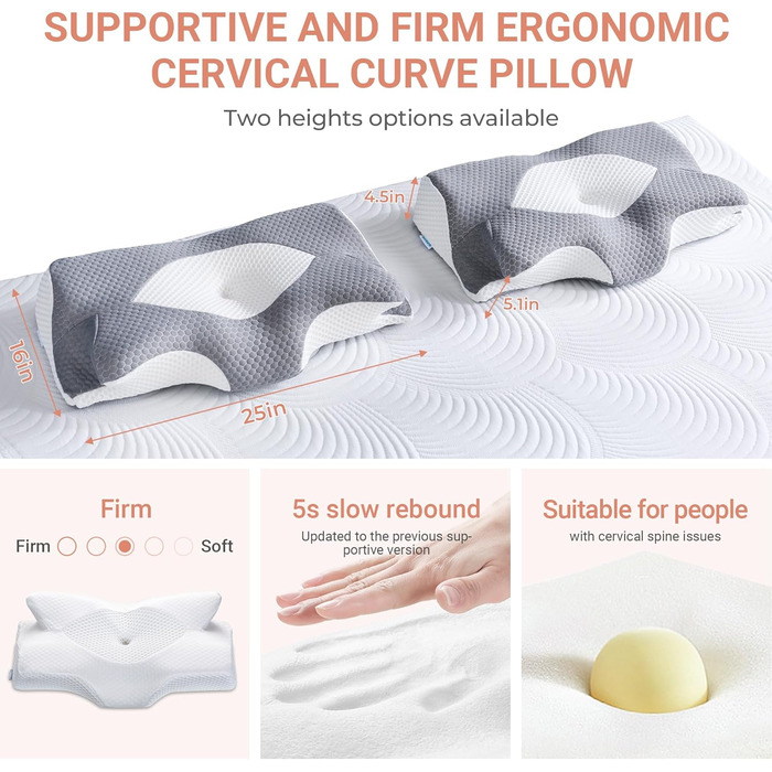 Ортопедична подушка для шиї Elviros з піни Memory Foam, ергономічна, для сну на спині, боці та животі, знімний охолоджуючий чохол, 64×(11,5/13)×40 см, сірий