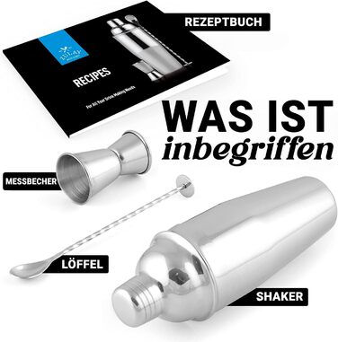 Набір шейкерів для коктейлів Zulay з нержавіючої сталі 700 мл (6 шт.) – шейкер, джиггер, стік та ложка для змішування – для Маргарити та інших коктейлів
