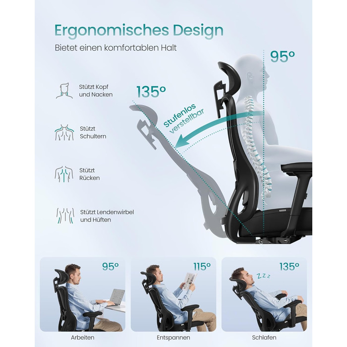 Офісний стіл SONGMICS: ергономічне крісло з регульованою поперековою та підголовною підтримкою, до 150 кг, регульована висота, чорний (OBN066GD01)