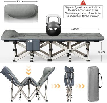 Розкладне кемпінгове ліжко CALIYO, польове ліжко для гостей до 200 кг, 190 x 68 x 40 см, з сумкою для зберігання, світло-сіре