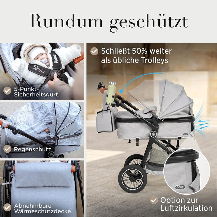 Дитяча коляска 3 в 1 з автокріслом та люлькою | Коляска для новонароджених з 5-точковим ременем безпеки | Кольори: світло-оливковий та світло-сірий без Isofix