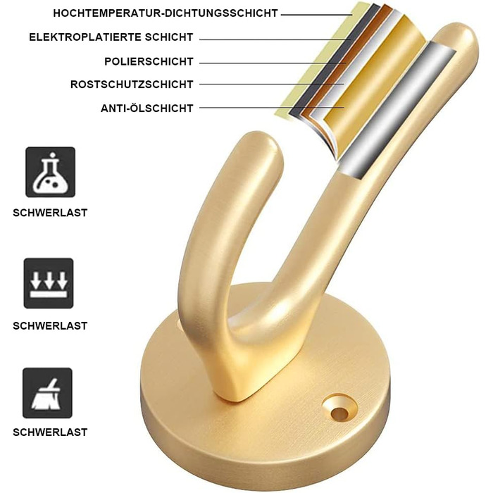 Гачки для гардеробу ZUONAI, Сучасні гачки для одягу, важкі гачки для вішалок, гачки для курток, настінні гачки для рушників, подвійний гачок для кухні, ванної кімнати, гардеробу (6 шт., золото)