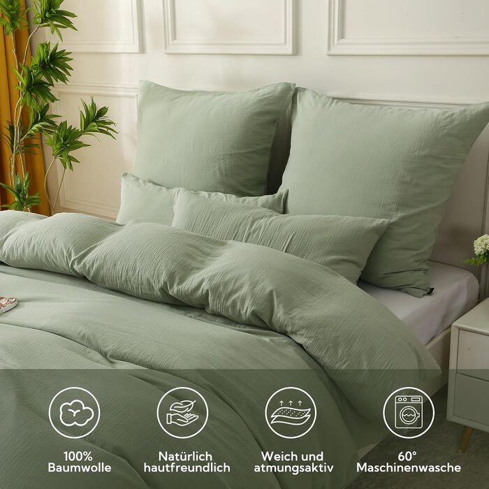 SOULFUL Комплект постільної білизни з мусліну 200x200, бавовна, 3 шт. (1x простирадло 200x200, 2x наволочки 80x80), Органічна білизна, колір лакричник, з блискавкою