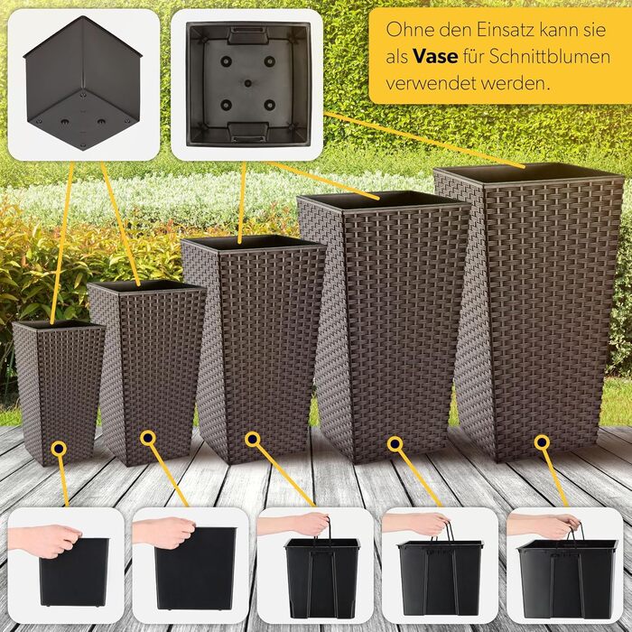 Набір з 3 горщиків для квітів KADAX, Мокко Ратан, 36/46,5/57,5 см, вологостійкий пластик