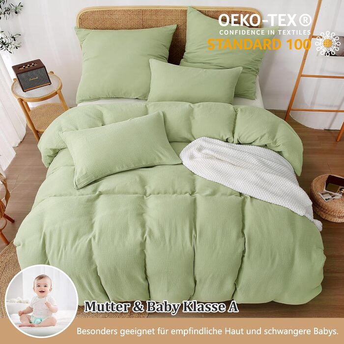 Постільна білизна TOCOMOA Double Muslin 135x200, 4 шт. Комплект чохлів на подушки, Oeko-TEX, зелений