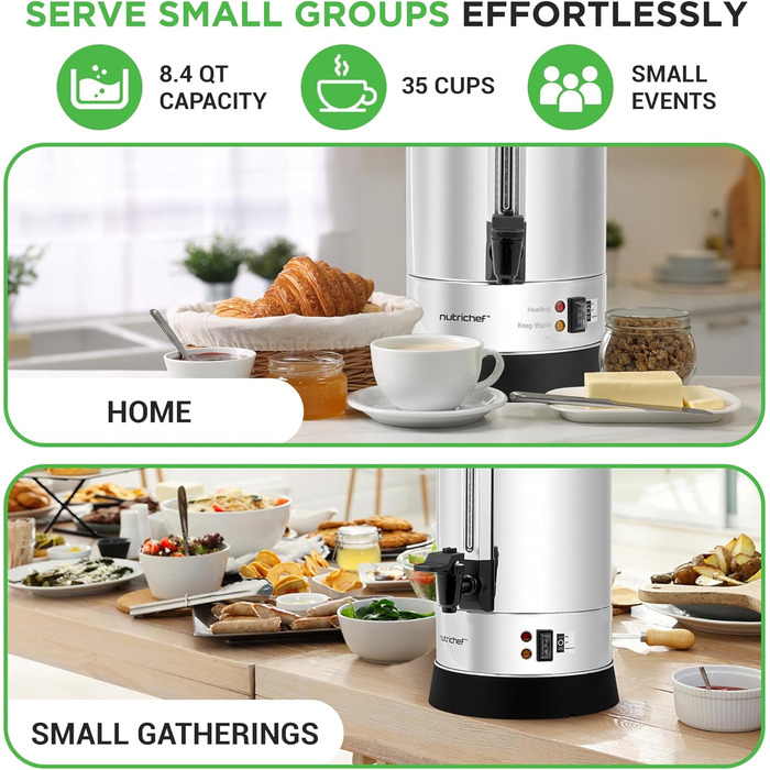 NutriChef Електричний Консервний Автомат та Дозатор Гарячої Води 13л – Нержавіюча Сталь з Безпечним Кришкою та Краном Без Підтікання | Функція Підтримки Теплоти для Глінтвейну, Чай, Кава | Для Професійного та Особистого Використання | 1100W Компактний При