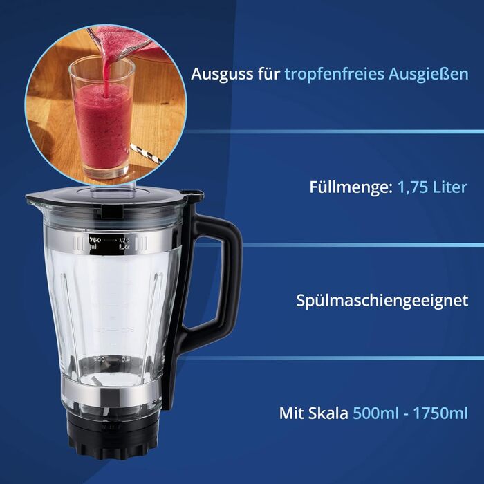 Блендер стаціонарний KHG Smoothie Maker зі скла на 1,75 літра з чорної та нержавіючої сталі, з мірною шкалою, отвором для наповнення, дозуючим стаканом і 4 ніжками для всмоктування, 5 рівнями потужності та функцією подрібнювача льоду