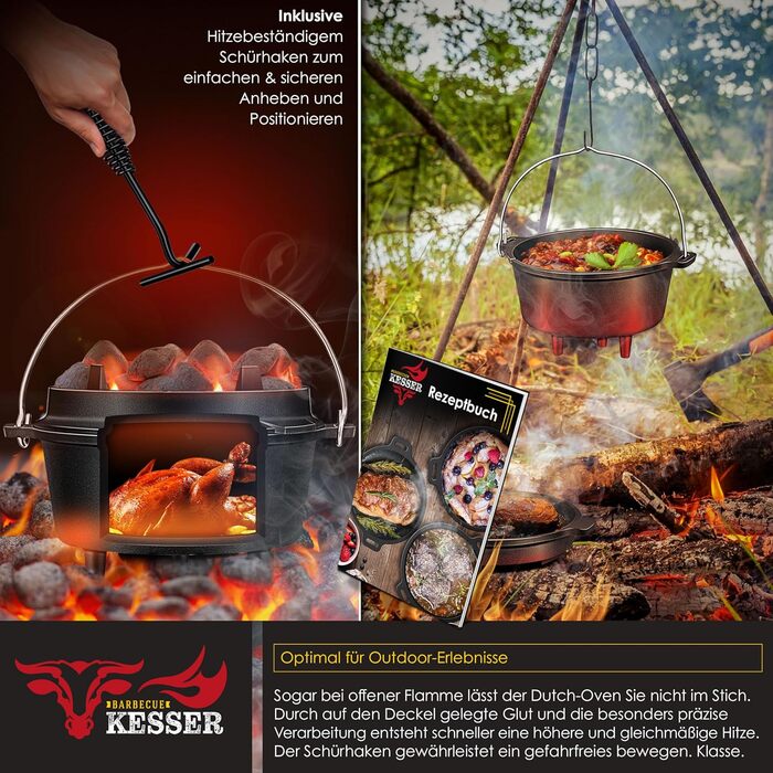 Набір голландських казанів KESSER® BBQ Feuertopf: 13.6 л, чавун, з кришкою-підйомником, ручкою та отвором для термометра. Ідеально для приготування на грилі, на відкритому вогні та в приміщенні.