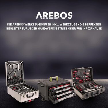 Набір інструментів Arebos 1200 предметів в алюмінієвому кейсі на колесах | Валіза для інструментів з 4 відділеннями та телескопічною ручкою | Майстерня, гараж, дім