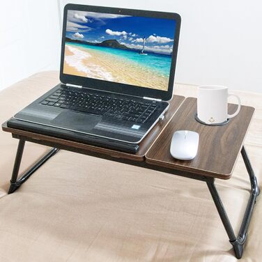 Столик для ноутбука з регульованими ніжками та підстаканником, підставка для читання, піднос для сніданку на диван, ліжко, терасу, балкон (Білий, Коричневий)