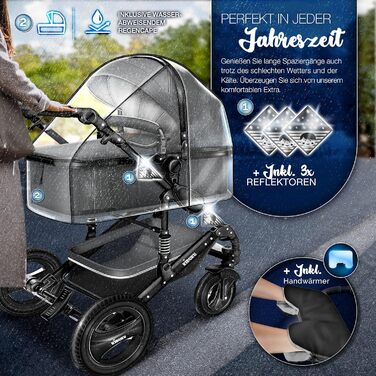 Дитяча коляска 3 в 1 KIDUKU® XXL Комплект | Комбінована коляска з люлькою, прогулянковим блоком та автокріслом | З повним набором аксесуарів (футляр, сумка для підгузків, підставка для чашки, дощовик) | Надувні колеса, ECE R129 (Антрацит / Чорний)