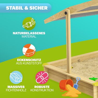 Пісочниця Spielwerk Sonnendach 120x120 см з дахом, натуральне дерево, захист від УФ, борти, підкладка, дитяча пісочниця Fritzi
