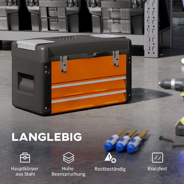 Набір інструментів порожній, 49,7 x 25,3 x 28,9 см. Ящик для інструментів з висувною шухлядою, міні-бокс зі сталі, помаранчевий.